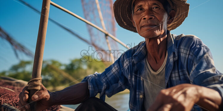 filipino 50 year old fisher man riding the boat in the river - Starpik Stock