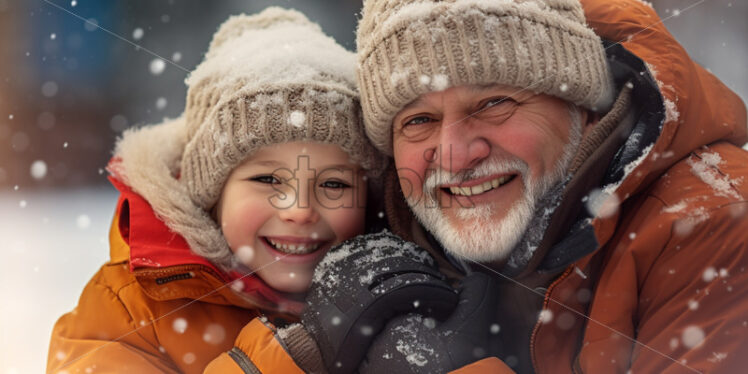 grandfather and niece playing in the snows outdoors - Starpik Stock