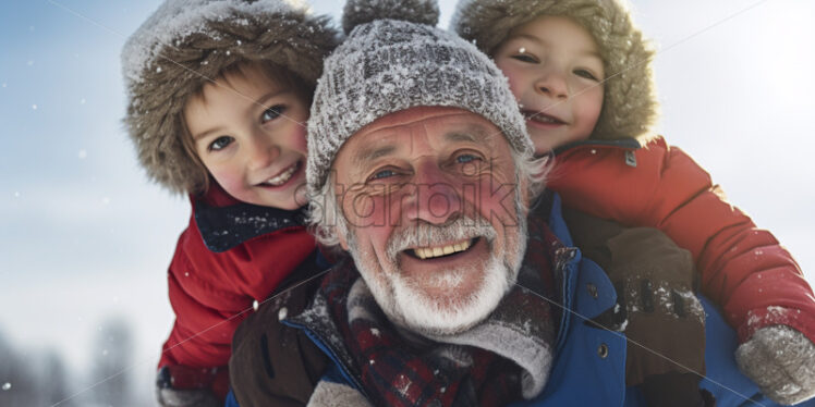 grandfather and niece playing in the snows outdoors - Starpik Stock