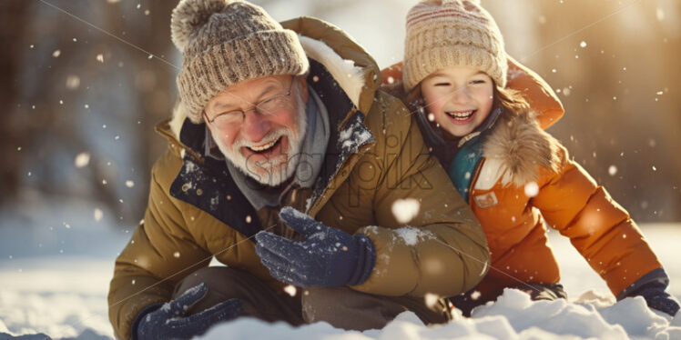 grandfather and niece playing in the snows outdoors - Starpik Stock