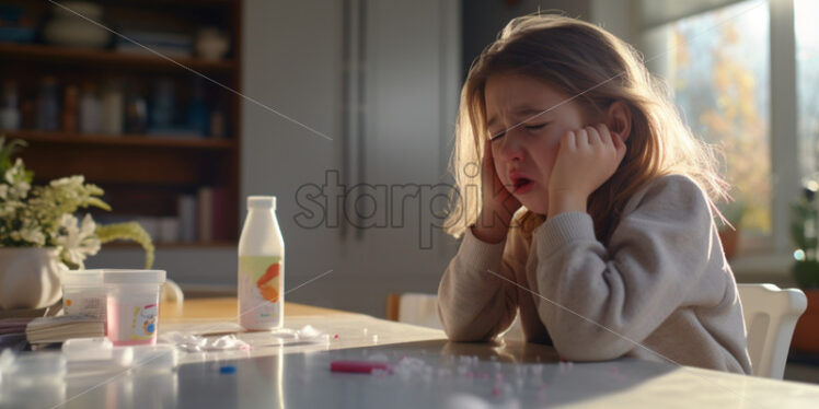 little girl being ill, pills on the table, sad looks - Starpik Stock