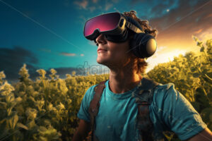 man with VR glasses in the plantation field working agriculture season, virtual reality - Starpik Stock