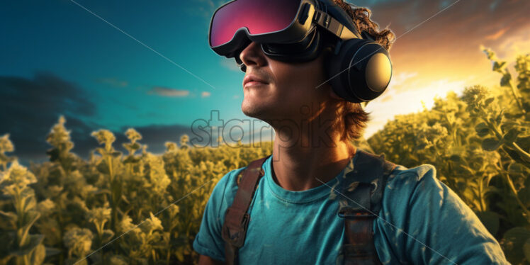 man with VR glasses in the plantation field working agriculture season, virtual reality - Starpik Stock