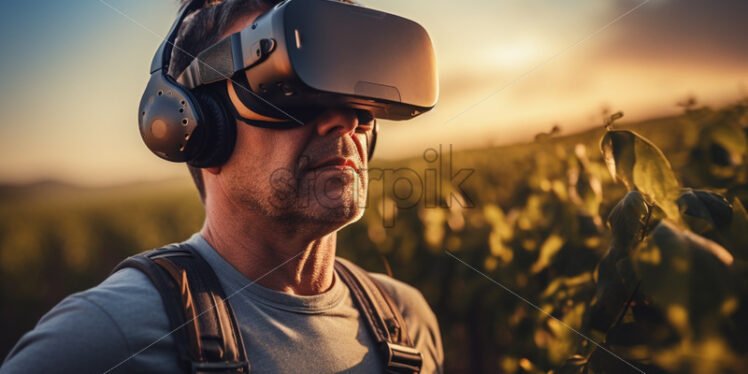 man with VR glasses in the plantation field working agriculture, virtual reality - Starpik Stock