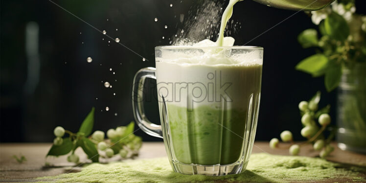 matcha drink in a cup, drink splash over dark backgrounds - Starpik