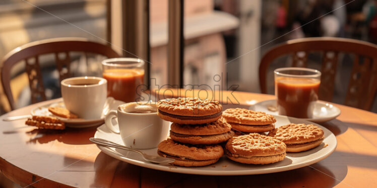 oatmeal cookies with mocha filling and black coffee at the coffee shop - Starpik Stock