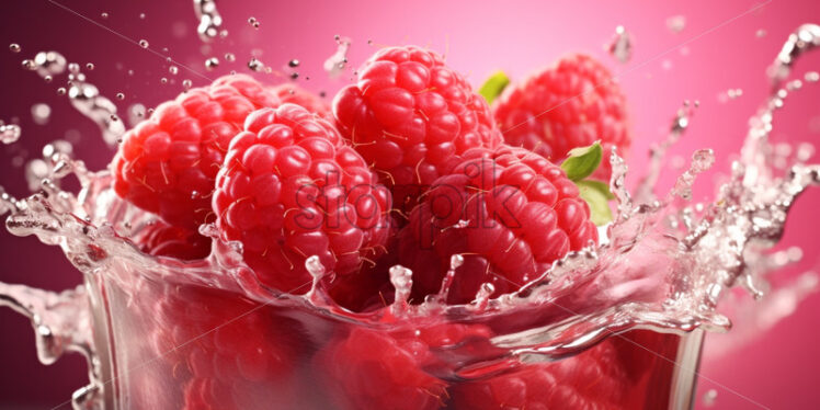 raspberry in water splash close up - Starpik Stock