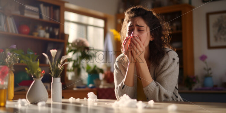 woman sneezing and coughing, being ill, pills on the tables - Starpik Stock