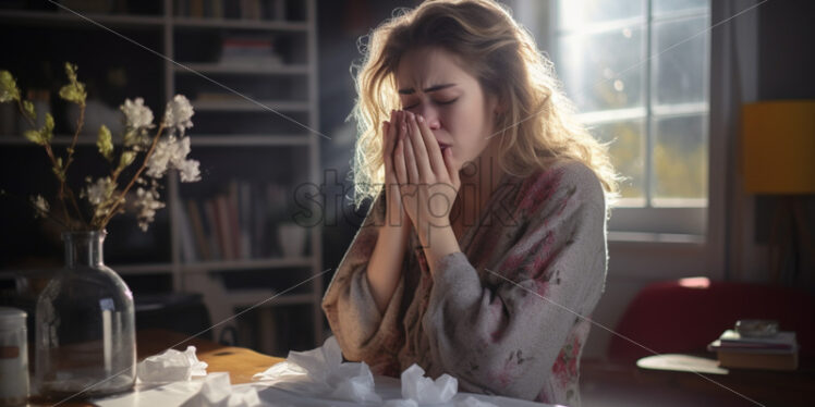 woman sneezing and coughing, being ill, pills on the tables - Starpik Stock