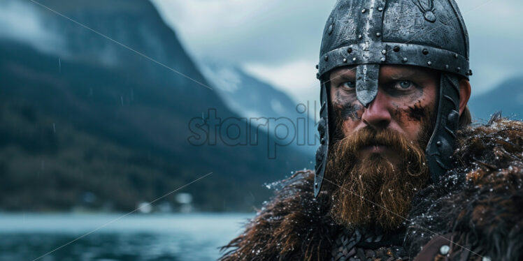 A Viking warrior against the background of a fjord - Starpik Stock