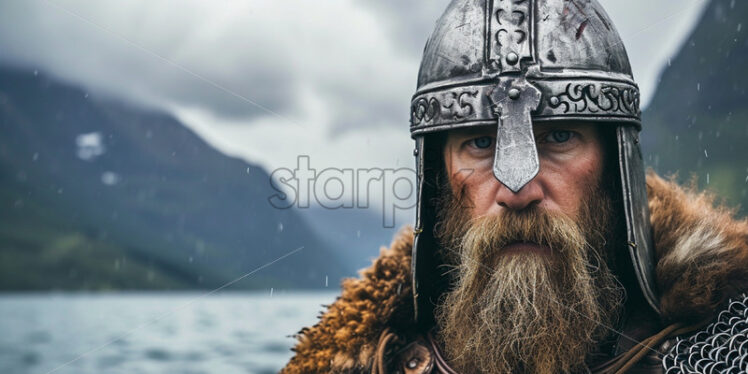 A Viking warrior against the background of a fjord - Starpik Stock