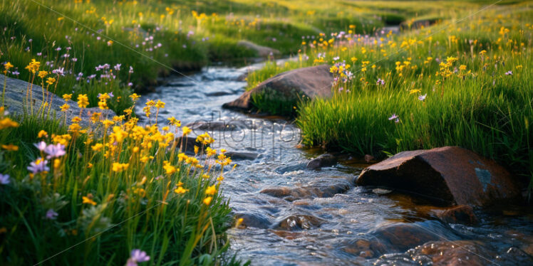 A babbling brook winding its way through a meadow filled with wildflowers - Starpik Stock