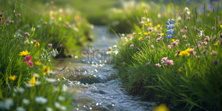 A babbling brook winding its way through a meadow filled with wildflowers - Starpik Stock