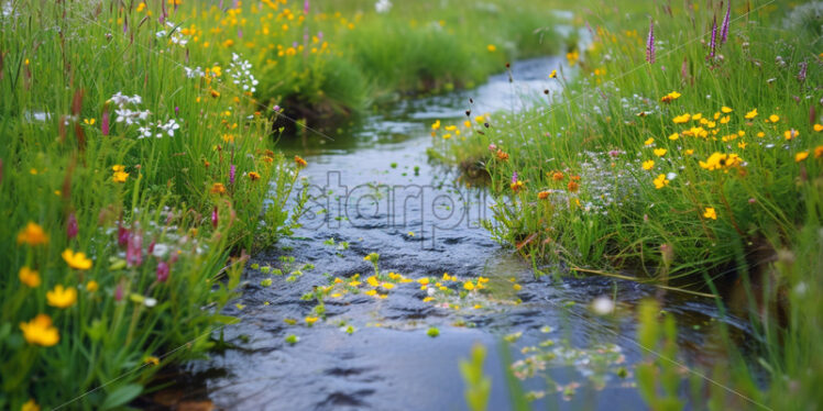 A babbling brook winding its way through a meadow filled with wildflowers - Starpik Stock