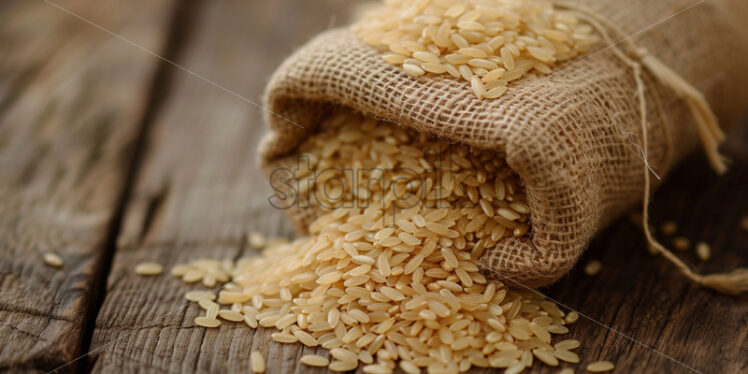 A bag of brown rice on a wooden table - Starpik Stock