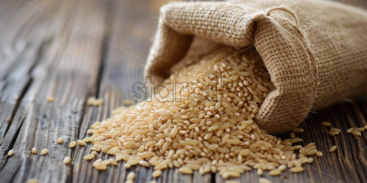 A bag of brown rice on a wooden table - Starpik Stock