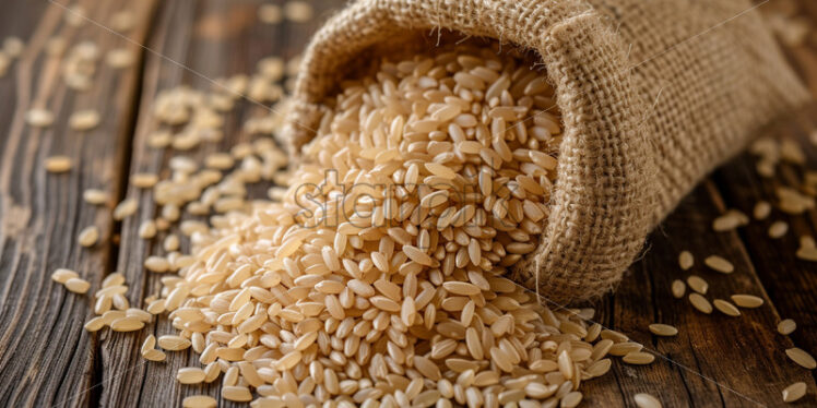 A bag of brown rice on a wooden table - Starpik Stock