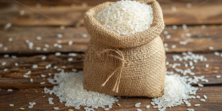 A bag of white rice on a wooden table - Starpik Stock