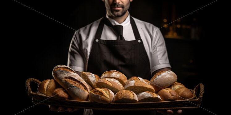 A baker holding a basket of bread - Starpik Stock