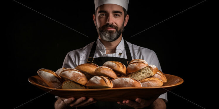 A baker holding a basket of bread - Starpik Stock