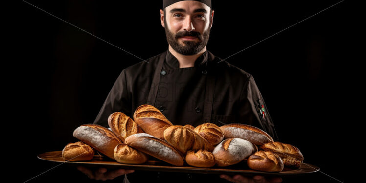 A baker holding a basket of bread - Starpik Stock