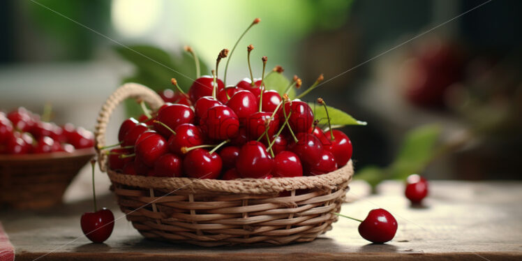 A basket of fresh ripe cherries on a table - Starpik Stock