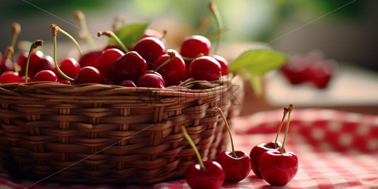 A basket of fresh ripe cherries on a table - Starpik Stock