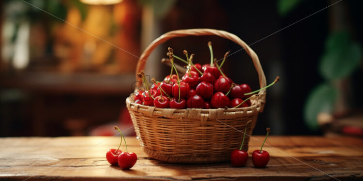 A basket of fresh ripe cherries on a table - Starpik Stock