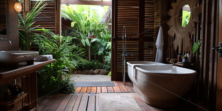 A bathroom in a tourist place in Oceania - Starpik Stock