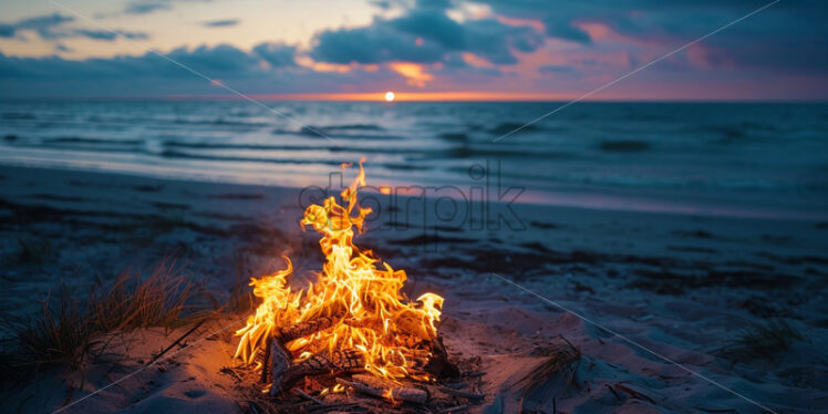 A beachside bonfire with the soothing sound of crackling flames - Starpik Stock