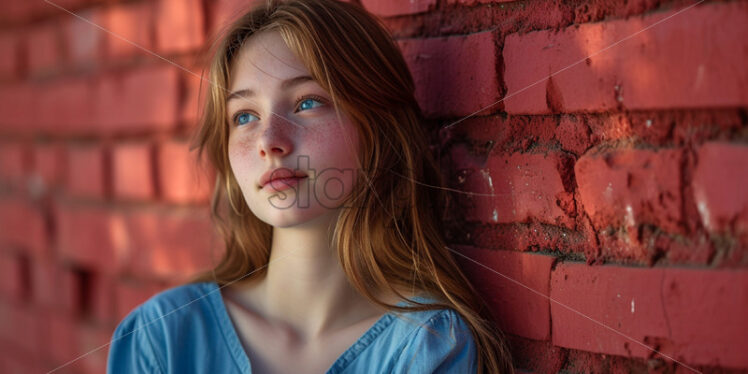 A beautiful girl dressed in blue on a red background - Starpik Stock