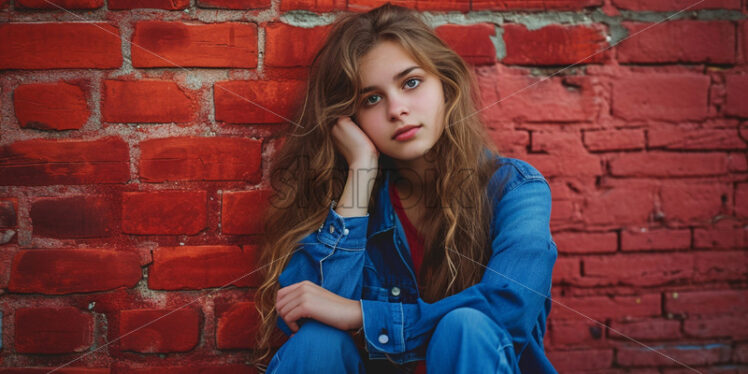 A beautiful girl dressed in blue on a red background - Starpik Stock