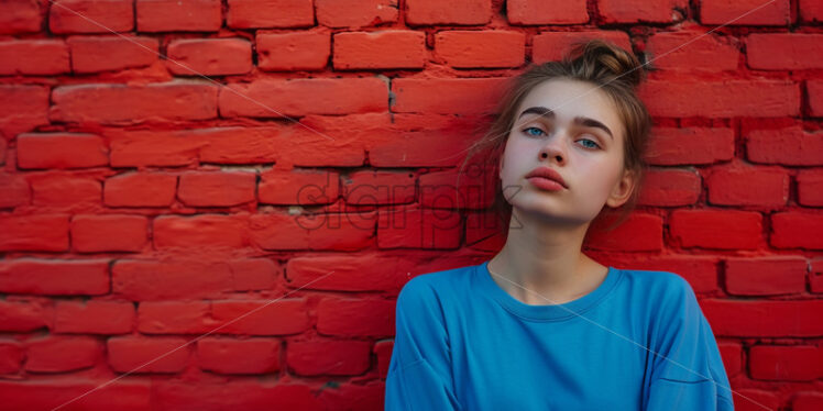 A beautiful girl dressed in blue on a red background - Starpik Stock