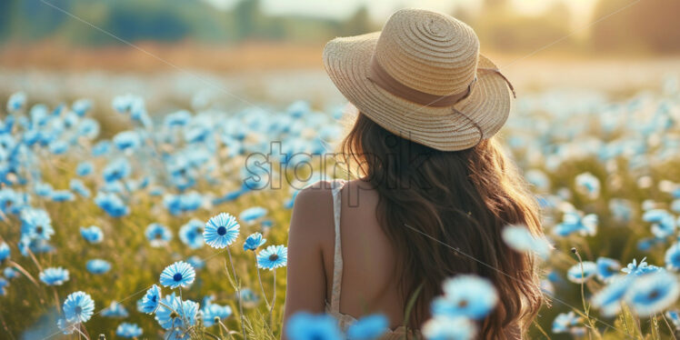 A beautiful girl in a field with blue daisies - Starpik Stock