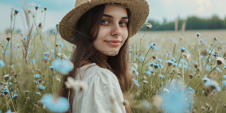 A beautiful girl in a field with blue daisies - Starpik Stock