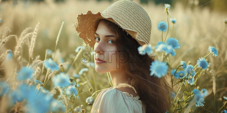 A beautiful girl in a field with blue daisies - Starpik Stock