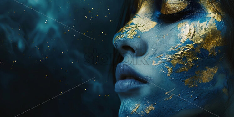 A beautiful girl with a face painted in blue and gold - Starpik Stock