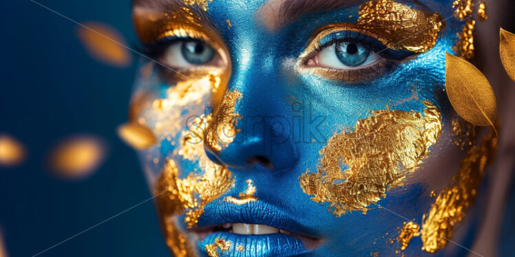 A beautiful girl with a face painted in blue and gold - Starpik Stock