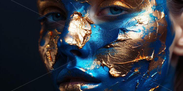 A beautiful girl with a face painted in blue and gold - Starpik Stock