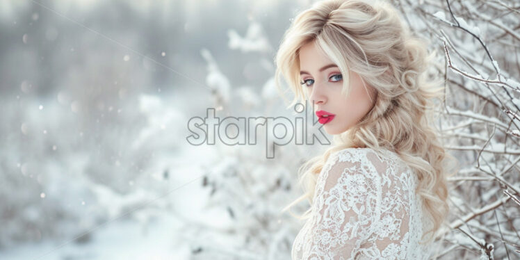 A beautiful girl with blond hair in a white dress in winter on the snow - Starpik Stock