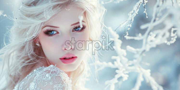 A beautiful girl with blond hair in a white dress in winter on the snow - Starpik Stock