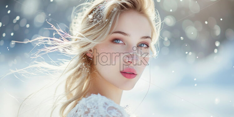 A beautiful girl with blond hair in a white dress in winter on the snow - Starpik Stock