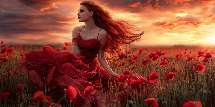 A beautiful girl with red hair in a red dress in a lake of poppies - Starpik Stock