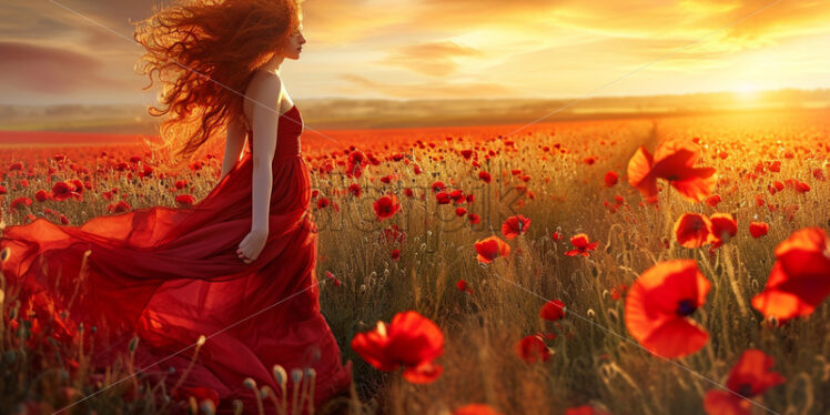 A beautiful girl with red hair in a red dress in a lake of poppies - Starpik Stock