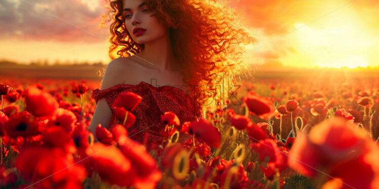 A beautiful girl with red hair in a red dress in a lake of poppies - Starpik Stock