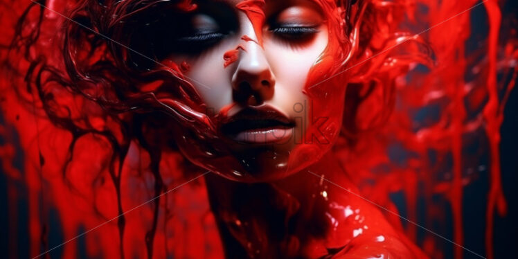 A beautiful woman with red paint on her face - Starpik Stock