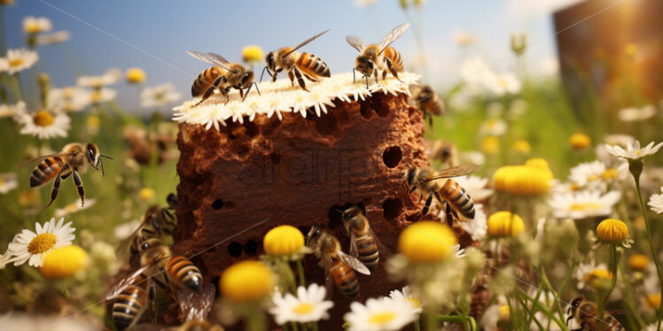 A beehive with bees buzzing around a field with chamomiles - Starpik Stock