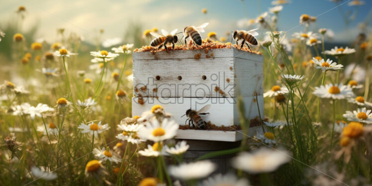 A beehive with bees buzzing around a field with chamomiles - Starpik Stock