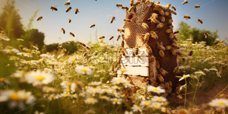 A beehive with bees buzzing around a field with chamomiles - Starpik Stock