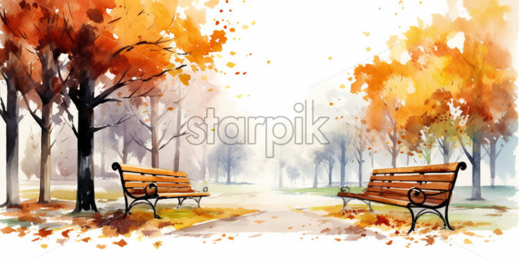 A bench in the park in autumn, watercolor clipart style - Starpik Stock